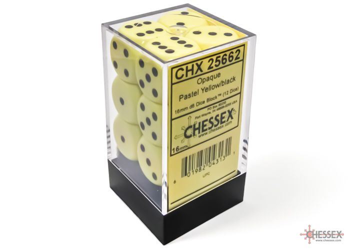 Opaque 16mm d6 Pastel Yellow/black Dice Block (12 dice) (CHX 25662)