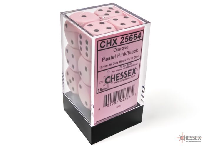 Opaque 16mm d6 Pastel Pink/black Dice Block (12 dice) (CHX 25664)