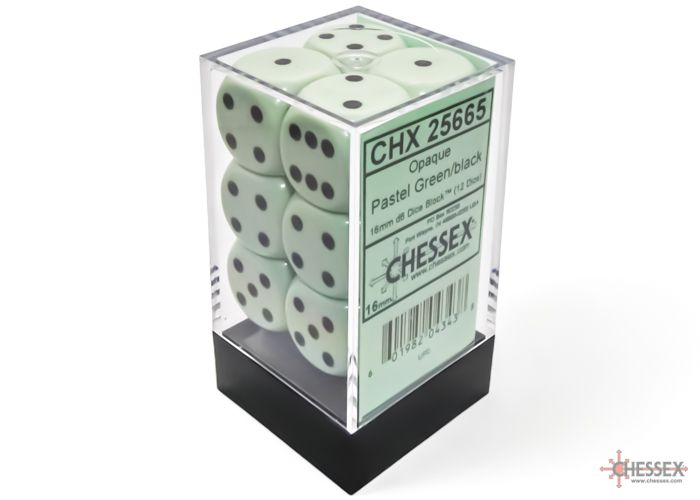 Opaque 16mm d6 Pastel Green/black Dice Block (12 dice) (CHX 25665)