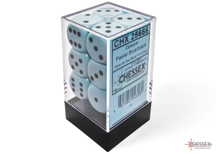 Opaque 16mm d6 Pastel Blue/black Dice Block (12 dice) (CHX 25666)